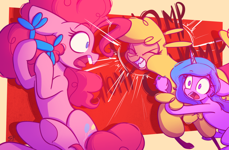 Size: 2200x1440 | Tagged: safe, artist:scribble-potato, derpibooru import, izzy moonbow, pinkie pie, alpaca, earth pony, pony, unicorn, them's fightin' herds, g5, balloon, balloon animal, biting, bracelet, chomp, community related, concerned, evil grin, eyes closed, female, friendship bracelet, grin, gritted teeth, holding, image, jewelry, mare, open mouth, paprika (tfh), png, smiling, teeth, trio, trio female, worried