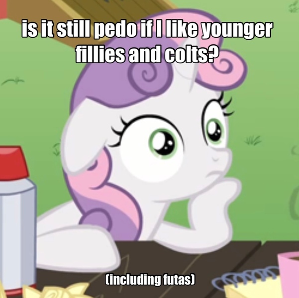Size: 982x980 | Tagged: suggestive, derpibooru import, edit, edited screencap, editor:sweetsterty, screencap, sweetie belle, pony, unicorn, ponyville confidential, caption, exploitable meme, female, filly, foal, image, image macro, implied foalcon, implied underage, jpeg, meme, obligatory pony, sudden clarity sweetie belle, text, yes