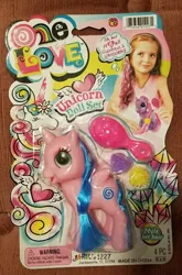 Size: 536x810 | Tagged: safe, derpibooru import, alicorn, human, pony, ages 4+, barcode, bootleg, brush, choking hazard, comic sans, eyeshadow, female, g3.5, image, irl, irl human, jpeg, made in china, makeup, one love, open mouth, photo, solo, thought bubble, unintentionally hilarious