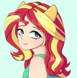 Size: 1921x1959 | Tagged: safe, artist:tanatos, derpibooru import, sunset shimmer, human, equestria girls, anime, bust, eyeshadow, image, makeup, png, simple background