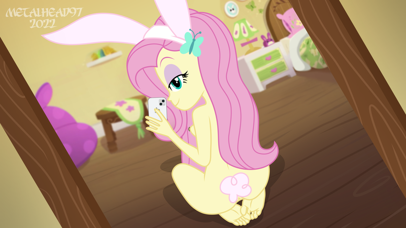 Size: 8000x4500 | Tagged: explicit, artist:metalhead97, ponerpics import, fluttershy, equestria girls, anus, breasts, bunny ears, bunny tail, butt, cute, female, flutterbutt, image, looking at you, looking back, nudity, png, shyabetes, sideboob, stupid sexy fluttershy