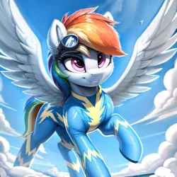 Size: 3072x3072 | Tagged: safe, ai content, derpibooru import, machine learning generated, stable diffusion, rainbow dash, pegasus, pony, g4, aviator goggles, clothes, cloud, female, flight suit, flying, generator:easyfluff v11.2, goggles, high res, highly detailed, image, mare, outdoors, png, prompter:ada, sky, smiling, solo, spread wings, uniform, wings, wonderbolts flight suit, wonderbolts uniform