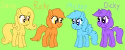 Size: 2493x1012 | Tagged: safe, artist:gillianthecreator36, derpibooru import, oc, oc:daisy, oc:dicky, oc:mickey, oc:ricky, ponified, earth pony, pegasus, pony, unicorn, female, g4, green background, group, image, male, mare, owners, pet, pets, png, ponified pony pets, quartet, simple background, smiling, species swap, stallion