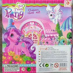 Size: 1280x1281 | Tagged: safe, derpibooru import, pinkie pie (g3), serendipity, star catcher, thistle whistle, earth pony, pegasus, pony, g3, barcode, bootleg, female, flower, flying, french, image, italian, jpeg, looking at you, mare, photo, portuguese, set funny pony, spanish