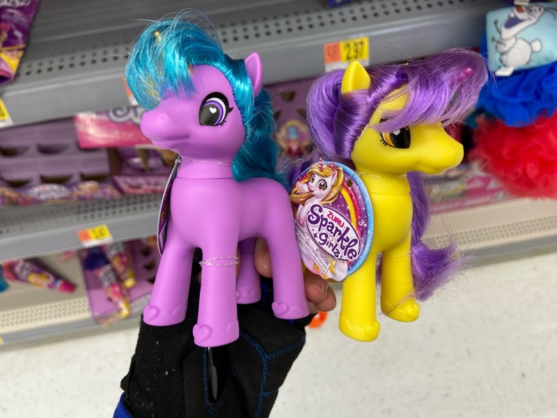 Size: 1280x960 | Tagged: safe, derpibooru import, human, pony, unicorn, bootleg, colored horn, duo, female, hand, hoof shoes, horn, image, incorrect hair placement, irl, irl human, jpeg, mare, photo, shelf, toy, zuru sparkle girlz