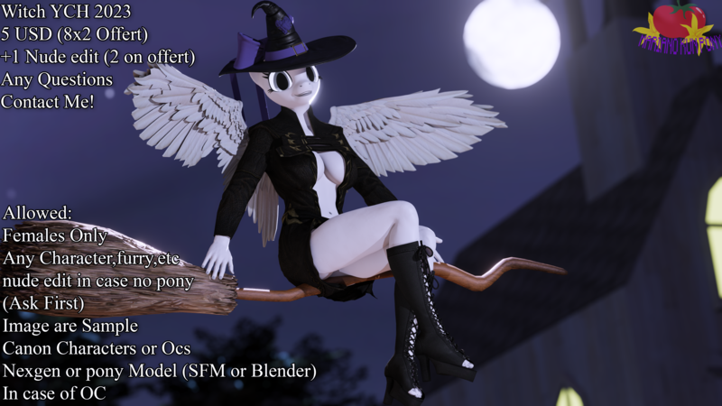 Size: 3840x2160 | Tagged: suggestive, artist:marianokun, derpibooru import, anthro, 3d, blender, blender eevee, broom, commission, female, hat, image, looking at you, png, wings, witch, witch hat, ych example, your character here