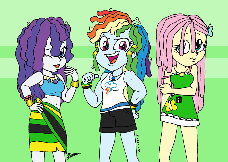 Size: 2480x1754 | Tagged: safe, artist:tmntsam, derpibooru import, fluttershy, rainbow dash, rarity, human, equestria girls, alternate clothes, alternate hairstyle, bashful, clothes, dreadlocks, fluttershy boho dress, geode of empathy, geode of shielding, geode of super speed, hair over one eye, hairity, hand on hip, height difference, image, looking at you, magical geodes, midriff, one eye closed, png, shorts, signature, sleeveless tank top, smiling, smiling at you, tanktop, trio, wink, winking at you