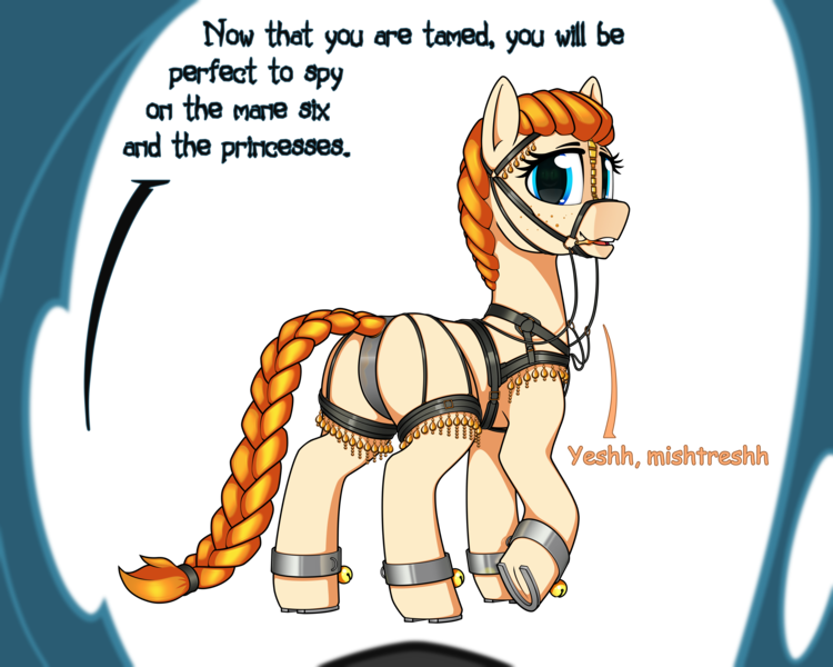 Size: 10000x8000 | Tagged: questionable, artist:dacaoo, derpibooru import, queen chrysalis, oc, oc:copper moon, pony, bell, braid, cat bell, cuffs, harness, image, offscreen character, png, pov, simple background, tack, text, transparent background