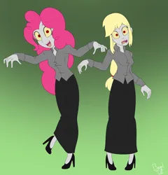 Size: 4488x4676 | Tagged: safe, artist:bageloftime, derpibooru import, applejack, pinkie pie, human, undead, zombie, equestria girls, clothes, duo, gradient background, halloween, halloween 2023, holiday, image, long skirt, png, skirt