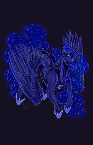 Size: 3300x5100 | Tagged: safe, artist:ashley-the-muffin, derpibooru import, princess luna, alicorn, pony, absurd resolution, blue eyes, blue mane, blue tail, crouching, digital art, ethereal mane, ethereal tail, eyelashes, eyeshadow, feather, female, flowing mane, flowing tail, g4, hoof shoes, horn, image, jpeg, large wings, lidded eyes, long horn, long mane, long tail, looking up, makeup, mare, peytral, princess shoes, purple background, raised hoof, signature, simple background, slim, smiling, solo, sparkles, spine, spread wings, starry mane, starry tail, stars, tail, thin, wings