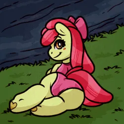 Size: 2000x2000 | Tagged: suggestive, artist:faerienougat, derpibooru import, apple bloom, earth pony, pony, bloom butt, blushing, butt, clothes, female, filly, foal, foalcon, grass, hoof heart, image, looking at you, looking back, looking back at you, mare, one-piece swimsuit, png, rear view, smiling, smiling at you, solo, swimsuit, underage, underhoof