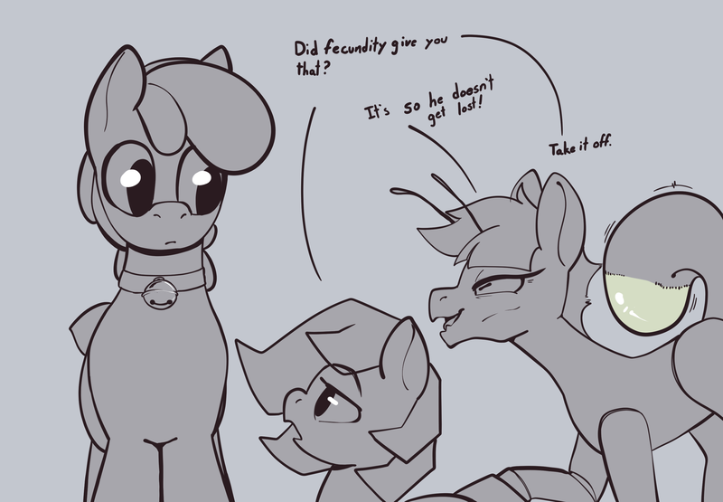 Size: 2937x2036 | Tagged: safe, artist:storyteller, derpibooru import, oc, oc:fecundity, oc:omelette, oc:rowdy spout, unofficial characters only, bug pony, insect, pony, annoyed, antennae, bell, cat bell, choker, dialogue, female, grayscale, image, male, mare, monochrome, naive, png, sketch, stallion