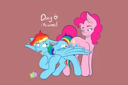 Size: 2048x1365 | Tagged: semi-grimdark, artist:mscolorsplash, derpibooru import, pinkie pie, rainbow dash, earth pony, pegasus, pony, fanfic:cupcakes, brown background, choking, cupcake, duo, dying, eyes rolling back, female, food, image, mare, png, poisoned, ponytober, simple background