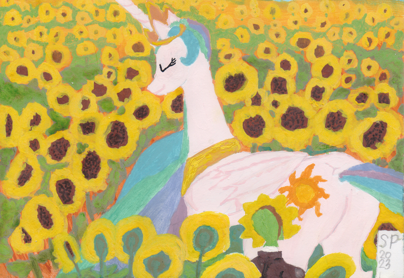 Size: 1600x1102 | Tagged: safe, artist:shitty painter, princess celestia, oc, oc:anon, alicorn, human, pony, /mlp/, 4chan, butt, disguise, drawthread, eyes closed, female, field, flower, gouache, image, mare, png, signature, sunbutt, sunflower, traditional art