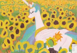 Size: 1600x1102 | Tagged: safe, artist:shitty painter, princess celestia, oc, oc:anon, alicorn, human, pony, /mlp/, 4chan, butt, disguise, drawthread, eyes closed, female, field, flower, gouache, image, mare, png, signature, sunbutt, sunflower, traditional art