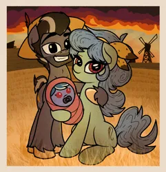 Size: 1458x1511 | Tagged: safe, artist:yamston, derpibooru import, oc, oc:doremi, oc:little fawn, oc:oat bucket, unofficial characters only, earth pony, pony, fanfic:living the dream, 2023, baby, family, family photo, fanfic art, female, hairband, hat, image, male, mare, oc x oc, pink eyes, png, shipping, smiling, stallion, sunset, trio, two toned mane, windmill