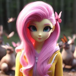 Size: 1024x1024 | Tagged: safe, artist:jrshinkansenhorse, derpibooru import, fluttershy, butterfly, insect, rabbit, equestria girls, 3d, animal, clothes, cute, derpibooru exclusive, image, irl, jpeg, live action, looking at you, photo, shyabetes, sweater, zipper