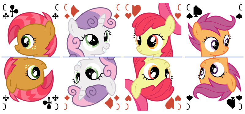 Size: 6400x3000 | Tagged: safe, artist:parclytaxel, derpibooru import, apple bloom, babs seed, scootaloo, sweetie belle, earth pony, pegasus, pony, unicorn, series:parcly's pony pattern playing cards, .svg available, absurd resolution, bust, cutie mark crusaders, female, filly, foal, grin, image, looking at you, playing card, png, portrait, rotational symmetry, simple background, smiling, smiling at you, tarot card, vector, white background