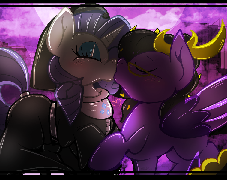 Size: 1281x1015 | Tagged: safe, artist:malachimoet, derpibooru import, rarity, oc, oc:dio, oc:dio devoid, alicorn, pony, unicorn, adorable face, antlers, black and yellow tail, black bars, black hair, black tail, cute, eyes closed, glasses, heart, image, kissing, male, male oc, nun outfit, nun rarity, outline, png, purple fur, purple mane, shipping, tail, wings, yellow eyes, yellow highlights, yellow tail