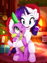 Size: 1600x2134 | Tagged: safe, artist:darksly, derpibooru import, rarity, spike, dragon, pony, unicorn, bauble, bipedal, christmas, christmas ornament, decoration, female, fireplace, hat, holiday, hug, image, jpeg, male, one eye closed, open mouth, present, santa hat, shipping, sparity, straight