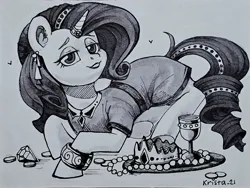 Size: 2048x1543 | Tagged: safe, artist:krista-21, derpibooru import, rarity, pony, unicorn, black and white, bracelet, clothes, crown, dress, ear piercing, earring, female, goblet, grayscale, horn, horn ring, image, inktober, jewelry, jpeg, lidded eyes, looking at you, mare, monochrome, necklace, pearl necklace, piercing, regalia, ring, signature, smiling, smiling at you, solo, traditional art