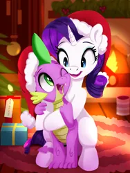 Size: 1800x2400 | Tagged: safe, artist:darksly, derpibooru import, rarity, spike, dragon, pony, unicorn, atg 2023, bauble, bipedal, christmas, christmas ornament, decoration, female, fireplace, hat, holiday, hug, image, jpeg, male, newbie artist training grounds, one eye closed, open mouth, present, santa hat, shipping, sparity, straight