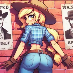 Size: 1024x1024 | Tagged: suggestive, derpibooru import, machine learning generated, applejack, human, ai content, applebutt, ass, belt, brick wall, butt, clothes, denim, gloves, hat, humanized, image, jeans, jpeg, looking at you, midriff, pants, plaid shirt, ponytail, shirt, wanted poster