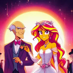 Size: 1024x1024 | Tagged: safe, derpibooru import, machine learning generated, sunset shimmer, equestria girls, equestria girls series, age difference, ai content, clothes, crack shipping, crossover, crossover shipping, cursed image, cute, derpibooru exclusive, dress, ear piercing, earring, flower, flower in hair, generator:bing image creator, image, jean-luc picard, jewelry, jpeg, looking at you, marriage, not salmon, patrick stewart, piercing, prompter:jrshinkansenhorse, shimmerbetes, shipping, star trek, star trek: the next generation, sunset, tuxedo, wat, wedding, wedding dress, wrong eye color