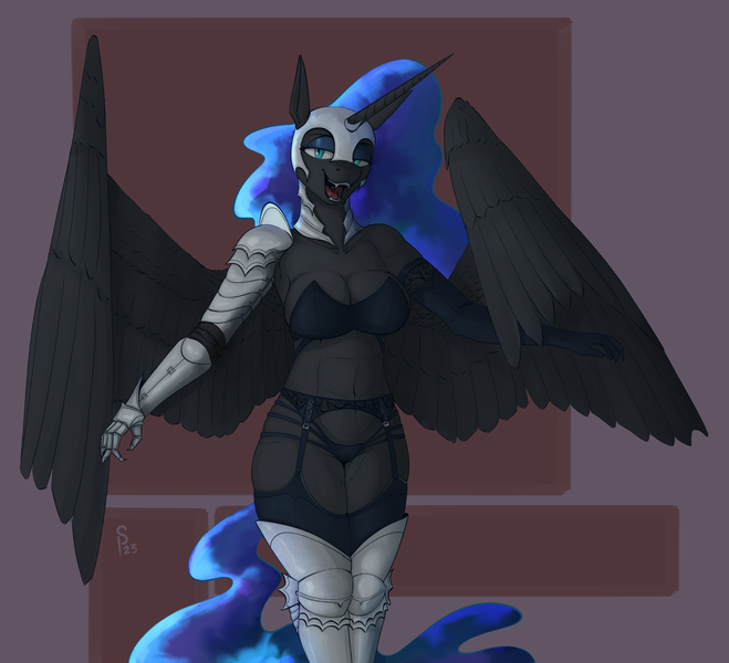 Size: 2486x2264 | Tagged: suggestive, artist:stray prey, derpibooru import, nightmare moon, alicorn, anthro, armor, big breasts, bra, breasts, cleavage, clothes, evening gloves, female, garter belt, garter straps, gloves, high res, image, lidded eyes, long gloves, looking at you, open mouth, open smile, panties, png, skindentation, smiling, socks, solo, solo female, spread wings, stockings, strapless bra, thigh highs, underwear, wings