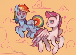 Size: 706x515 | Tagged: safe, derpibooru import, rainbow dash, zipp storm, pegasus, pony, g5, cloud, duo, duo female, female, flying, g4, g4 to g5, generation leap, image, mare, mlp fim's thirteenth anniversary, png