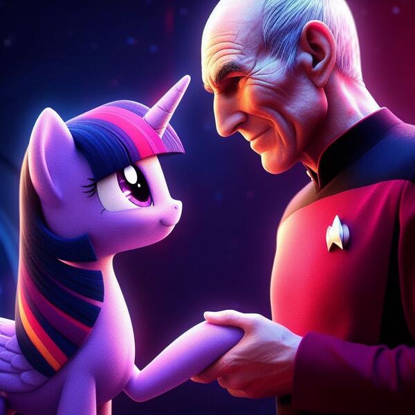 Size: 1024x1024 | Tagged: safe, derpibooru import, machine learning generated, twilight sparkle, twilight sparkle (alicorn), alicorn, human, pony, ai content, captain picard, crossover, derpibooru exclusive, first contact, generator:bing image creator, god damn it discord, handshake, hoofshake, image, jean-luc picard, jpeg, looking at each other, looking at someone, prompter:jrshinkansenhorse, space, star trek, star trek: the next generation, starfleet, starfleet uniform, what has discord done