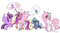 Size: 1728x960 | Tagged: safe, artist:petaltwinkle, derpibooru import, princess cadance, princess celestia, princess luna, twilight sparkle, twilight sparkle (alicorn), alicorn, pony, alicorn tetrarchy, blushing, female, filly, heart, heart eyes, image, jpeg, mare, new crown, pictogram, pink-mane celestia, simple background, speech bubble, spread wings, white background, wingding eyes, wings, woona, younger