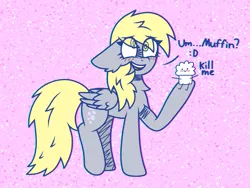 Size: 1600x1200 | Tagged: safe, artist:scarecrowkitty, derpibooru import, derpy hooves, pegasus, pony, asdfmovie, blushing, cross-eyed, eye clipping through hair, female, fluffy, food, image, mare, mr. muffin, muffin, png, smiling, solo, talking to viewer