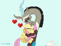 Size: 750x565 | Tagged: safe, artist:gonicfanfic, derpibooru import, discord, fluttershy, draconequus, pegasus, pony, to where and back again, animated, blue background, cute, duo, gif, hug, image, pixel art, scene interpretation, simple background