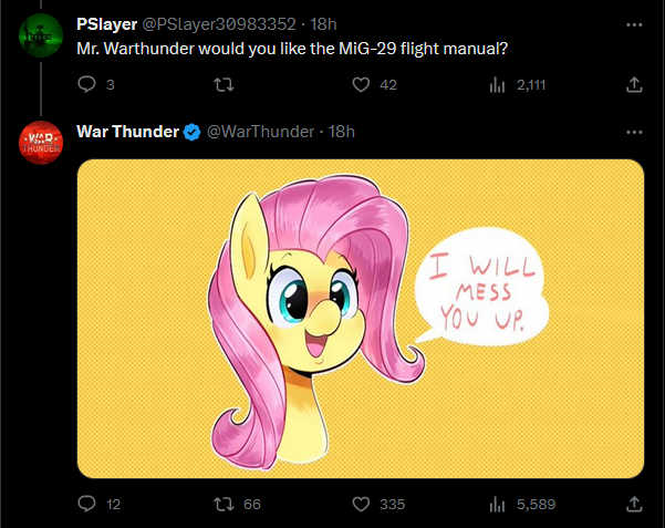 Size: 601x477 | Tagged: safe, artist:another_pony, derpibooru import, fluttershy, pegasus, pony, dialogue, fighter, image, jet, jet fighter, meta, mig-29, png, simple background, speech bubble, threat, twitter, war thunder leaks