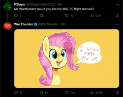 Size: 601x477 | Tagged: safe, artist:another_pony, derpibooru import, fluttershy, pegasus, pony, dialogue, fighter, image, jet, jet fighter, meta, mig-29, png, simple background, speech bubble, threat, twitter, war thunder leaks