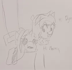 Size: 1756x1700 | Tagged: safe, artist:pony quarantine, derpibooru import, oc, oc:anonfilly, oc:dyx, unofficial characters only, alicorn, earth pony, pony, dialogue, duo, female, filly, grayscale, image, jpeg, monochrome, pencil drawing, traditional art