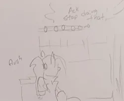 Size: 1836x1491 | Tagged: safe, artist:pony quarantine, derpibooru import, oc, oc:dyx, alicorn, pony, female, filly, foal, grayscale, image, jpeg, monochrome, offscreen character, pencil drawing, solo, toilet, traditional art