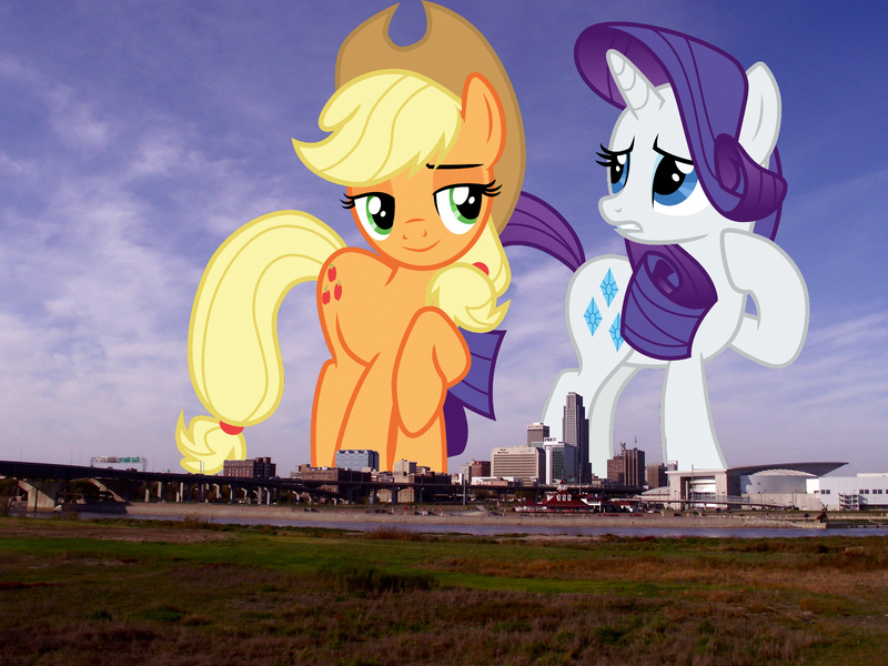 Size: 1600x1200 | Tagged: safe, artist:cloudy glow, derpibooru import, edit, editor:jaredking779, applejack, rarity, earth pony, pony, unicorn, cowboy hat, duo, female, giant pony, giantess, hat, highrise ponies, image, irl, jpeg, macro, mare, nebraska, omaha, photo, ponies in real life, raised hoof, stetson, story included