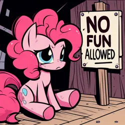 Size: 1024x1024 | Tagged: safe, derpibooru import, machine learning generated, pinkie pie, earth pony, pony, ai content, derpibooru exclusive, female, generator:dall-e 3, image, indoors, jpeg, mare, no fun allowed, prompter:siber, sad, sign, sitting, solo