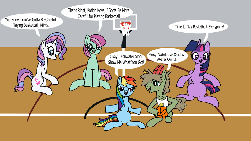 Size: 1920x1080 | Tagged: safe, artist:platinumdrop, derpibooru import, dishwater slog, minty, potion nova, rainbow dash, twilight sparkle, twilight sparkle (alicorn), alicorn, g3, basketball, commission, dialogue, image, png, speech bubble, sports