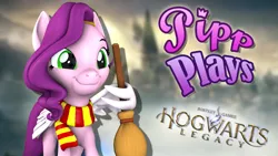Size: 1920x1080 | Tagged: safe, artist:pika-robo, derpibooru import, pipp petals, pegasus, pony, series:pipp plays, g5, 3d, broom, clothes, fake thumbnail, female, g4, g5 to g4, gamer pipp, generation leap, harry potter (series), hogwarts legacy, image, let's play, mare, png, scarf, smiling, source filmmaker, this will end in tears, wing hands, wings, youtube thumbnail