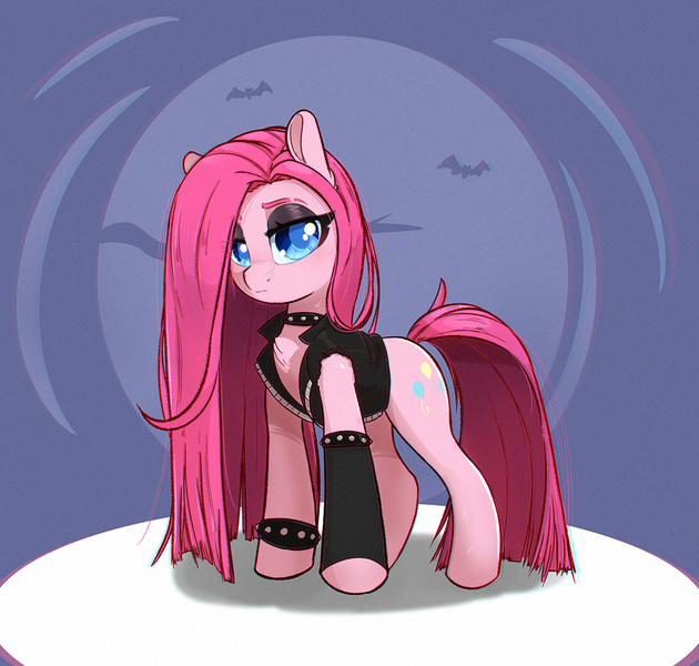 Size: 1000x952 | Tagged: safe, artist:inkypuso, derpibooru import, pinkie pie, earth pony, pony, bracelet, choker, clothes, eyeshadow, female, goth, image, jpeg, leather, leather vest, lidded eyes, looking at you, makeup, mare, pinkamena diane pie, solo, spiked choker, spiked wristband, vest, wristband