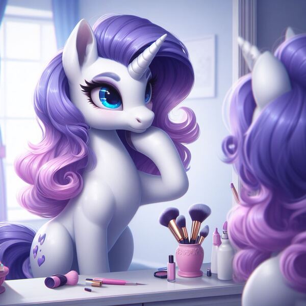 Size: 1024x1024 | Tagged: safe, machine learning generated, ponerpics import, ponybooru import, rarity, pony, unicorn, ai content, alternate cutie mark, bing, brush, female, hoof on chin, image, jpeg, looking at self, makeup, mare, mirror, solo