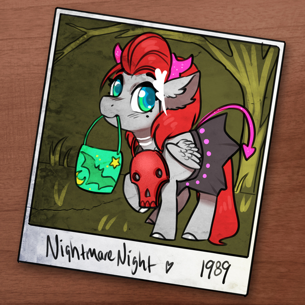 Size: 2700x2700 | Tagged: safe, artist:opalacorn, derpibooru import, oc, oc:void, pegasus, pony, bag, ballerina, candy bag, clothes, costume, female, filly, foal, halloween, halloween costume, holiday, image, jpeg, laurel, mole, mouth hold, nightmare night costume, polaroid, solo
