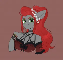 Size: 2451x2367 | Tagged: safe, artist:tomi_ouo, derpibooru import, oc, oc:void, unofficial characters only, anthro, pegasus, bare shoulders, breasts, brown background, bust, busty oc, choker, cleavage, image, jpeg, lauren faust, lidded eyes, looking at you, mole, nose piercing, nose ring, piercing, signature, simple background, smiling, smiling at you, solo