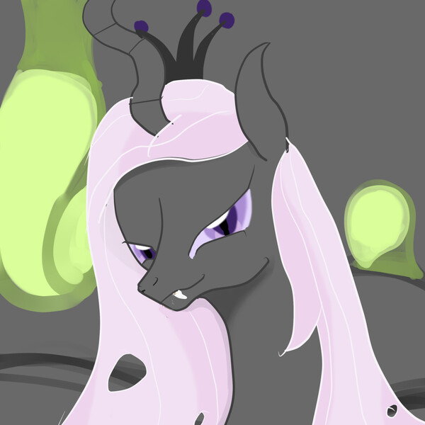 Size: 1280x1280 | Tagged: safe, artist:bevendre, derpibooru import, fleur-de-lis, changeling queen oc, oc, oc:queen papillon, changeling, changeling queen, cave, changeling egg, changeling oc, changelingified, cocoon, colored sclera, crown, egg, fangs, female, gray background, hive, image, jewelry, jpeg, lavender eyes, lavender sclera, regalia, simple background, slit pupils, solo, species swap, tiara, tumblr:papillon's hive