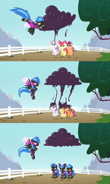 Size: 2208x3680 | Tagged: questionable, edit, edited screencap, editor:anonymous, screencap, apple bloom, rainbow dash, scootaloo, sweetie belle, earth pony, pegasus, pony, unicorn, ponyville confidential, season 2, /mlp/ latex requests, 3 panel comic, bondage, clothes, cloud, comic, costume, day, dripping, encasement, female, filly, flying, gas, gas mask, image, latex, latex cloud, latex suit, liquid latex, looking up, mare, mask, outdoors, png, rubber drone, shadowbolt dash, shadowbolts costume, transformation