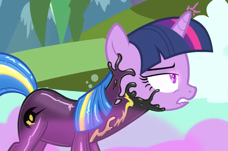 Size: 884x585 | Tagged: episode needed, questionable, edit, edited screencap, editor:anonymous, editor:superderpybot, screencap, twilight sparkle, pony, unicorn, /mlp/ latex requests, bedroom eyes, bondage, clothes, costume, cropped, cutie mark, cutie mark on clothes, encasement, female, gas, image, latex, latex suit, lip bite, liquid latex, looking forward, magic suppression, mare, outdoors, png, sad, shadowbolts costume, side view, solo, solo female, story included, superderpybot's shadowbolts logo, transformation, unicorn twilight