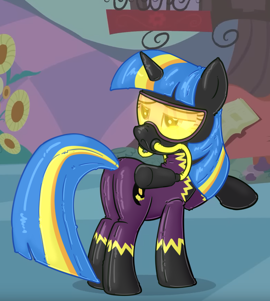 Size: 779x867 | Tagged: questionable, edit, editor:anonymous, twilight sparkle, pony, unicorn, the return of harmony, /mlp/ latex requests, bondage, clothes, costume, cropped, encasement, female, gas mask, gas tank, image, latex, latex suit, lidded eyes, looking back, mare, mask, outdoors, png, raised hoof, rubber drone, sad, shadowbolts costume, side view, solo, solo female, standing, unicorn twilight, visor